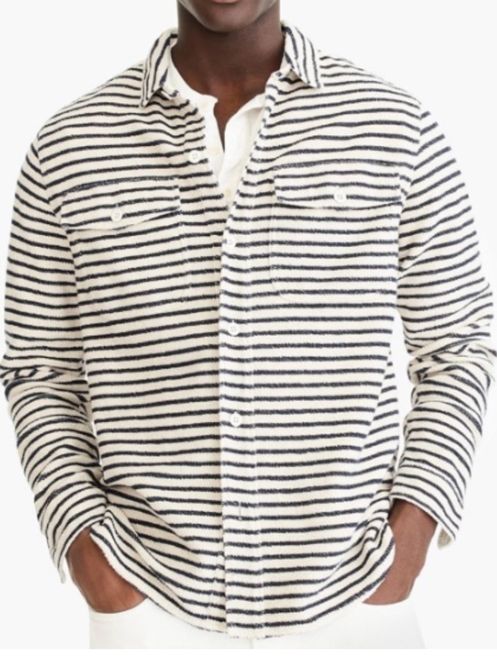 J Crew Knit Goods French Terry Shacket Sz XL Pockets, Navy & Cream Stripes
